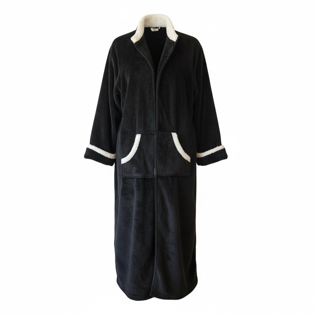 MISS ELAINE Plush Black Maxi Fleece Robe Full Front Zip White Rope Trim Size XL - Picture 2 of 13
